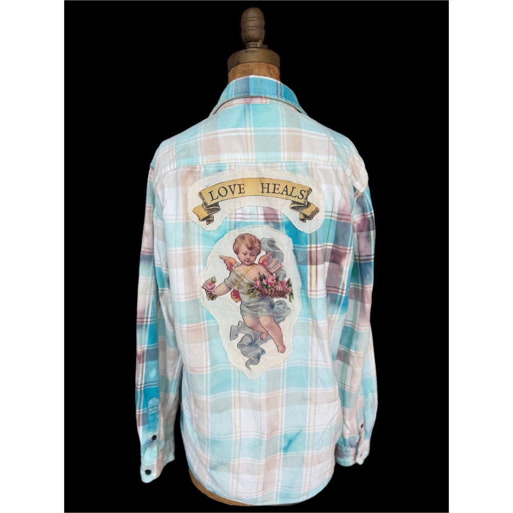 Upcycled Cherub Flannel Shirt‎ Medium Love Heals Cotton Soft Plaid - Picture 3 of 7